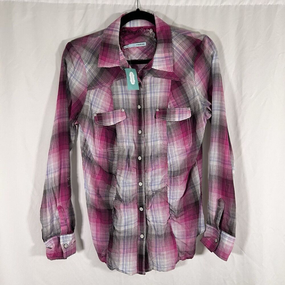 New Maurices Blouse Womens Medium Pink Purple Plaid Snap Long Sleeve Lightweight